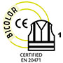 Prenda bicolor certificada como Equipo de Protección Individual (EPI) según Norma EN 20471 – Ropa de alta visibilidad, clase 1.